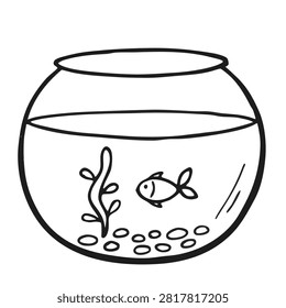 A minimalist black and white hand drawn sketch of a round glass fish bowl containing a single fish, some aquatic plant, and gravel at the bottom