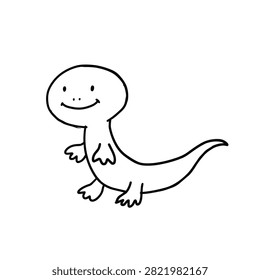 A minimalist black and white hand drawn sketch of a friendly smiling lizard with a long tail