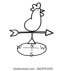 A minimalist black and white hand drawn illustration of a rooster weather vane mounted on a compass showing cardinal directions