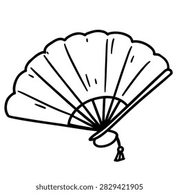 A minimalist black and white hand drawn sketch of a traditional folding fan with a small decorative tassel.