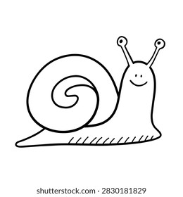 A minimalist black and white hand drawn sketch of a smiling snail with a large spiral shell isolated on a white background