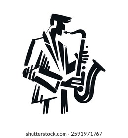 Minimalist black and white hand-drawn saxophone player art	