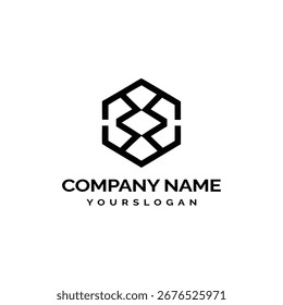 Logotipo hexagonal minimalista en blanco y negro con Formas geométricas abstractas y marcadores de posición de texto.