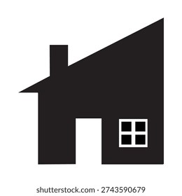 A minimalist black and white house featuring a simple geometric with a triangular roof, a rectangular door, and a square window divided into four smaller squares. The is flat and uses basic.........