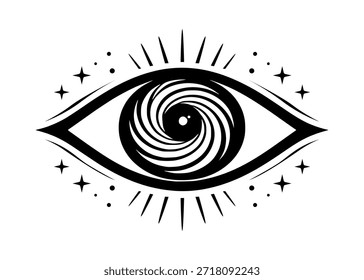 Ilustração hipnótica minimalista em preto e branco com pupila giratória, símbolo místico e surreal abstrato representando hipnose, visão, espiritualidade, ilusão e mente subconsciente.