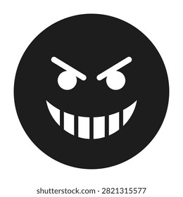 A minimalist black and white icon of an angry laughing face with a wide toothy grin. Suitable for digital communication, gaming, and emotive design.