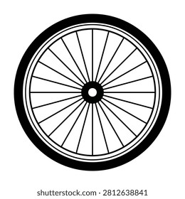 A minimalist black and white icon of a bicycle wheel featuring defined metal spokes and a thick rubber tire. Perfect for cycling store branding or transport designs.