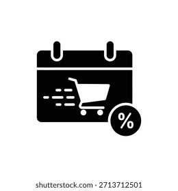 Minimalist black and white icon of calendar shopping cart and percentage sale