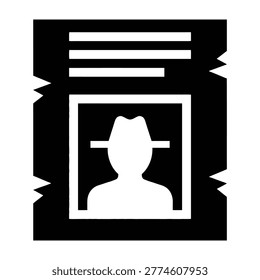 A minimalist black and white icon of a classic wanted poster featuring a silhouette of a person wearing a hat. Perfect for crime, mystery, detective or law themes.