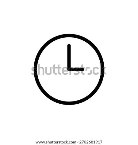 A minimalist black and white icon of a clock face with hour and minute hands pointing to 3 oclock. Business and Management single line icon UI design.