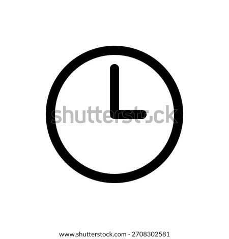 A minimalist black and white icon of a clock face with hour and minute hands indicating 3 oclock. The design is clean and modern. Music and Media single line icon UI design.