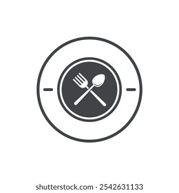 Minimalistisches Schwarz-Weiß-Symbol mit gekreuzter Gabel und Löffel, das Essen, Essen oder Restaurantservice symbolisiert. Ideal für den Einsatz in kulinarischen, gastfreundlichen oder gastronomischen Inhalten.