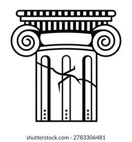 A minimalist black and white icon of a damaged Greek ionic column featuring a prominent crack, symbolizing history, architectural decay, ancient ruins, and heritage.