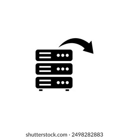 A minimalist black and white icon depicting a set of server racks with an upward-pointing arrow, representing data migration, cloud computing, or transferring digital information between systems