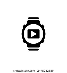 A minimalist black and white icon depicting a stylized smart watch silhouette with a play button icon, representing multimedia capabilities, entertainment, and media control on wearable devices