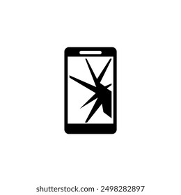 A minimalist black and white icon depicting a stylized smartphone silhouette with a cracked, shattered screen, representing damage, accidents, and the fragility of digital devices