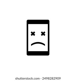 Un icono minimalista en blanco y negro que representa una silueta estilizada de teléfono inteligente con una apariencia angustiada y dañada, que representa frustración, fallas o problemas técnicos con los dispositivos digitales