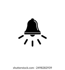 Un icono minimalista en blanco y negro que representa la silueta de una campana que suena, que representa un sistema de notificación, alerta o alarma