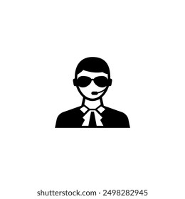 A minimalist black and white icon depicting the silhouette of a security guard or bodyguard wearing sunglasses, representing protection, surveillance and safety-related services