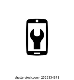 A minimalist black and white icon depicting a smartphone with a wrench tool icon, representing mobile device repair, configuration, or troubleshooting.