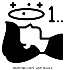 Ícone preto e branco minimalista representando uma cabeça flutuante com halo e cruzes, adequado para temas de espiritualidade ou saúde.