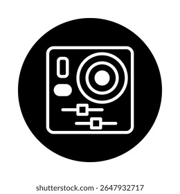 Ícone preto e branco minimalista representando uma câmera ou dispositivo de gravação com botões de ajuste ilustração e apelo profissional
