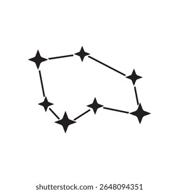 A minimalist black and white icon depicting a stylized star constellation, representing the night sky, astrology, and the mysteries of the cosmos. Vector icon for website design, logo, app, ui