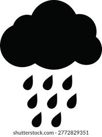 A minimalist black and white icon depicting a rain cloud with falling raindrops symbolizing inclement weather conditions