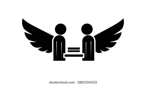 A minimalist black and white icon depicting two stylized human figures with wings facing each other and interacting with a central horizontal object