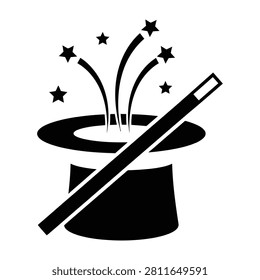 A minimalist black and white icon depicting a magician top hat with a wand and floating stars. Represents mystery, entertainment, stage performance, and fantasy.