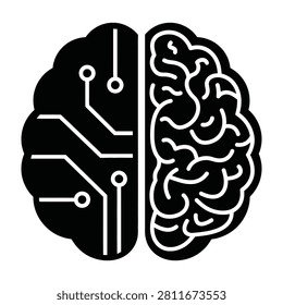 A minimalist black and white icon depicting a human brain split into two halves. One side features organic neural patterns while the other represents artificial intelligence circuits, signifying the intersection of biology and modern computing.