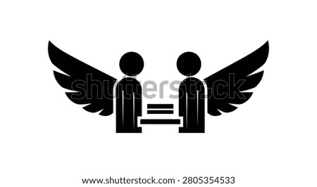 A minimalist black and white icon depicting two stylized human figures with wings facing each other and interacting with a central horizontal object