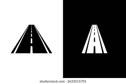 Minimalist black and white icon depicts a road receding into the distance with center dividing lines. Isolated design with a transparent backdrop.