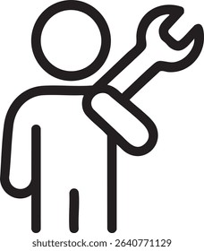 A minimalist black and white icon depicts a person with a wrench resting on their shoulder.