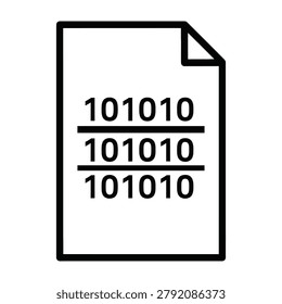 A minimalist black and white icon of a digital document file containing lines of binary code. This symbol represents data processing, computer science, information.
