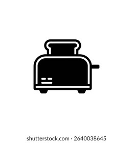A minimalist black and white icon displaying a toaster with a slice of bread popping out, perfect for illustrating kitchen appliances or breakfast themes.