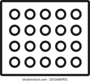 Minimalist black and white icon features rectangular grid of twenty circular holes, evenly spaced, symbolizing perforated surface or ventilation panel