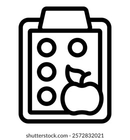 Minimalist black and white icon featuring a clipboard with bullet points and an apple symbolizing diet and exercise planning