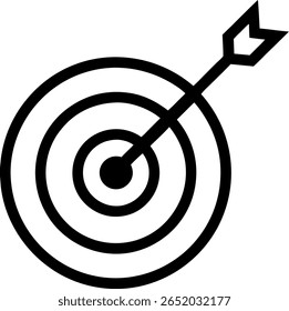 A minimalist black and white icon featuring an arrow piercing the bullseye of a circular target. Symbolizes success, accuracy, and achieving goals with precision.