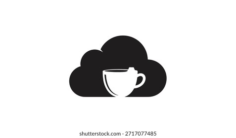 Un icono minimalista en blanco y negro con una nube estilizada con una taza de café integrada, que simboliza la tecnología de la nube y el almacenamiento de datos.