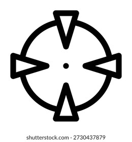 A minimalist black and white icon featuring four triangular arrows pointing up, down, left, and right, arranged symmetrically within a circular border with a central dot. This symbol represents direction, navigation, aiming, or crosshair functionality.
