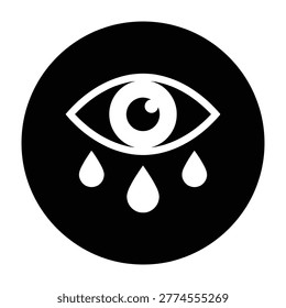 A minimalist black and white icon featuring a human eye shedding three teardrops. This symbol represents feelings of sadness, grief, depression, pain, and emotional woe.