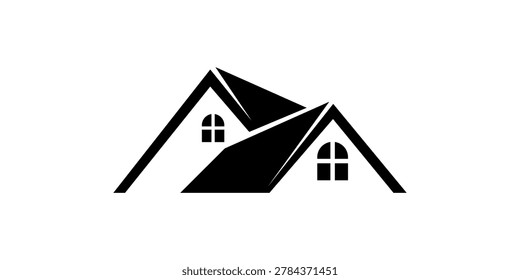 A minimalist black and white icon featuring two overlapping house roofs with distinct windows, representing concepts of home, shelter, real estate, and property.