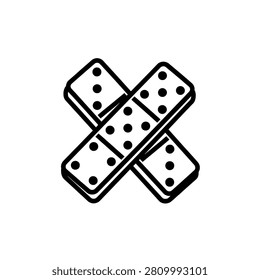 A minimalist black and white icon featuring two domino tiles crossed over each other, representing a game or strategy concept.