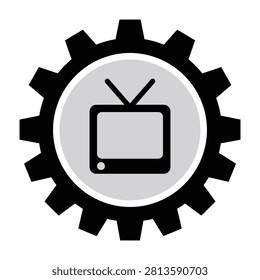 A minimalist black and white icon featuring a television set centered inside a mechanical gear cog. Represents media technology, broadcast engineering, and repair.