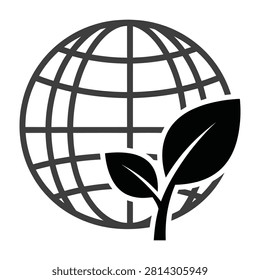 A minimalist black and white icon featuring a global sphere combined with a growing plant leaf, symbolizing environmental protection, sustainability, and nature.