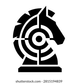 A minimalist black and white icon featuring a stylized chess knight piece integrated with a circular target design for strategic branding concepts.