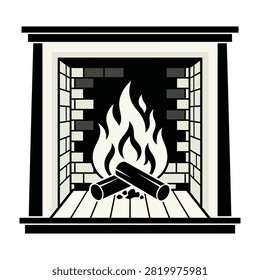A minimalist black and white icon featuring a burning fireplace with glowing flames and wood logs. Perfect for home decor, interior design, or cozy winter themes.