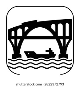A minimalist black and white icon featuring a cargo ship navigating under a large arched bridge over flowing water waves. Perfect for navigation and logistics.