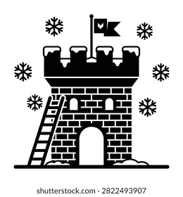 A minimalist black and white icon featuring a stone castle tower with a ladder, flag, and falling snowflakes. Perfect for winter games, fantasy themes, or design.
